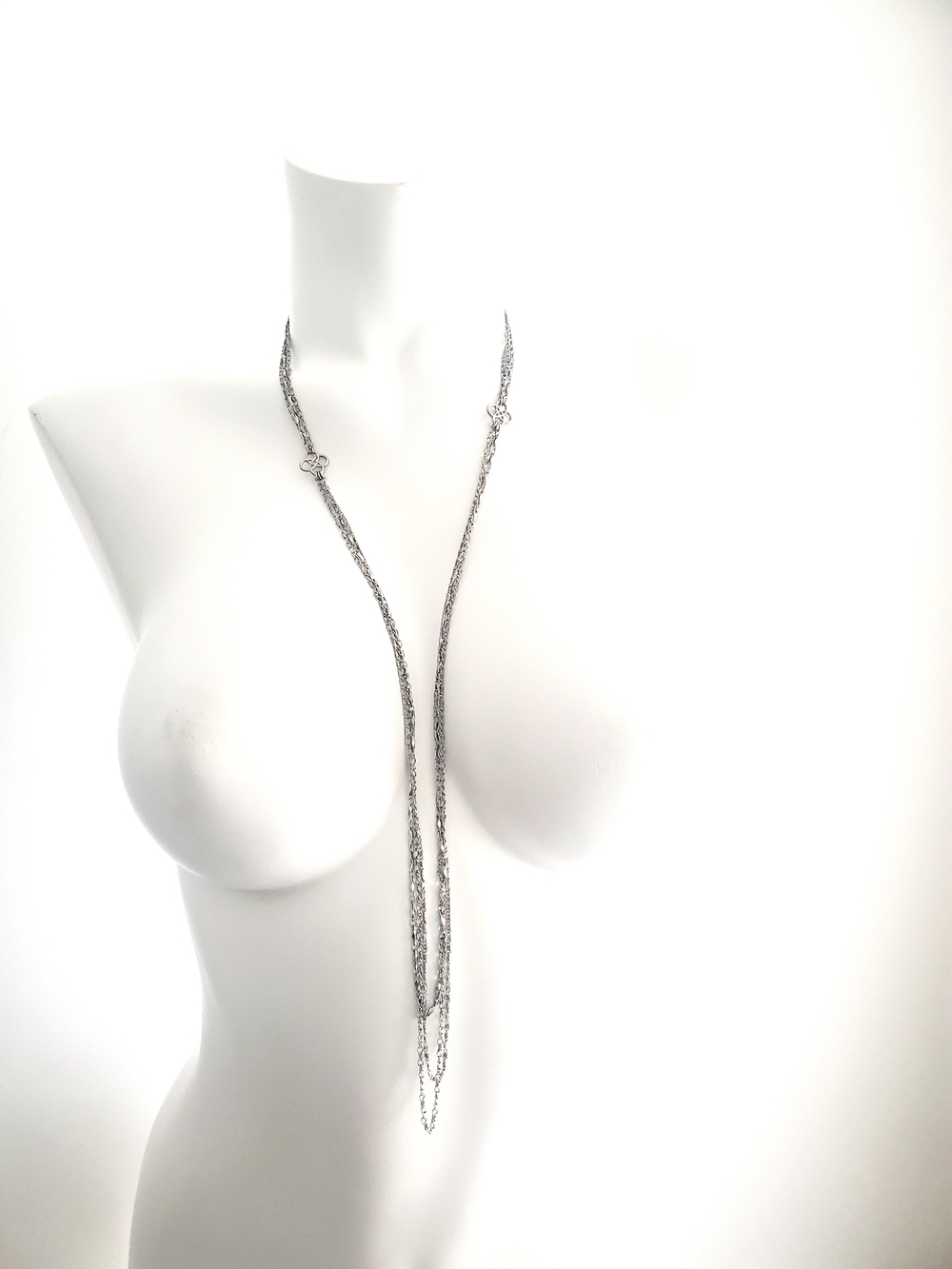 Long Layered Silver Rope Necklace with Knotted Accents